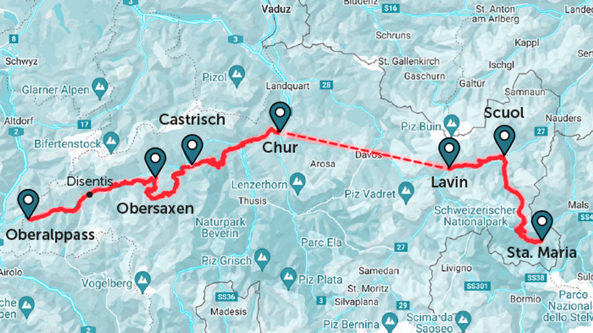 Streckenübersicht der Trans Grischun in Graubünden.